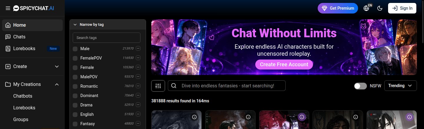 Startseite von spicychat.ai mit Banner Chat Without Limits und Suchfeld
